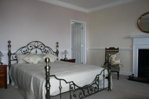 a bedroom with a large bed and a fireplace at Penralley House B&B in Rhayader