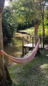a hammock tied to a tree next to a river at Casa con PILETA al borde del RIO in Benavídez