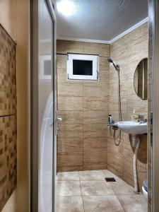 un baño con ducha y lavabo en The Mountain House Doris, en Kruševo