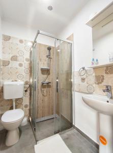 a bathroom with a shower and a toilet and a sink at Konoba Slapovi in Jajce