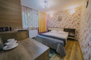 a hotel room with a bed and a desk at Hostel Denisa in Buzau