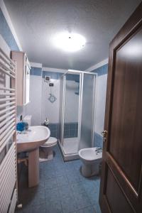 a bathroom with a shower and a sink and a toilet at Residence Aquila - Bilo Punta Valfredda in Brusson