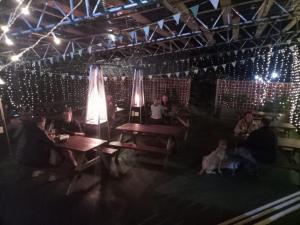 eine Gruppe von Personen, die an Tischen in einem Raum mit Lichtern sitzen in der Unterkunft The White Swan, Yeadon in Yeadon
