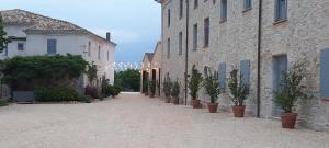 um beco com vasos de plantas ao lado dos edifícios em Tenuta Coppa Zuccari em Citta' Sant'Angelo