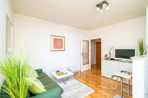 uma sala de estar com um sofá verde e uma televisão em Apartment Bakus em Dubrovnik
