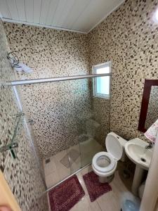 ein Bad mit einer Dusche, einem WC und einem Waschbecken in der Unterkunft Apartamento Elite na Cobertura in Cunha