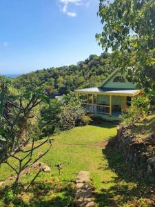 a house on the side of a hill with a yard at Traditional West Indian cottage on Good Moon Farm in Great Mountain