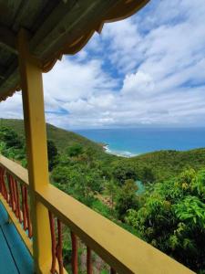 uma vista para o oceano a partir da varanda de uma casa em Traditional West Indian cottage on Good Moon Farm em Great Mountain