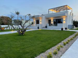 ein Haus mit grünem Rasen davor in der Unterkunft Casa di Somnia Luxury Suites and Villas in Marmari