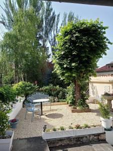 einen Garten mit einem Tisch und einem Baum in der Unterkunft Les Chenes Chambres D'hote in Châtel-Guyon