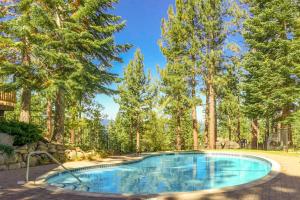 a swimming pool in a yard with trees at Tahoe Tyrol Chalet in South Lake Tahoe