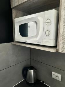 a microwave on a shelf in a kitchen at Belvederska apartment 4 in Ivano-Frankivsʼk