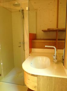 uma casa de banho com um lavatório e um chuveiro em Baumhaus Lodge Schrems em Schrems
