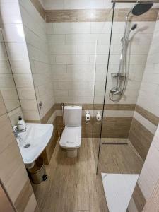 a bathroom with a shower and a toilet and a sink at Happy Hill Rooms in Banja Luka