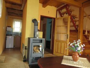 a kitchen with a wood stove in a room at Chata Katrina in Liptovský Trnovec
