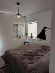 a bedroom with a large bed and a fan at Studio2 Fontaine de L'amour in Sarlat-la-Canéda