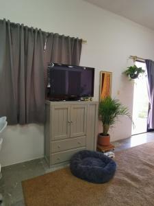 una sala de estar con TV en un armario en Michelle's Place en Cabo San Lucas