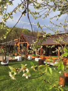 une maison dans une cour ornée d'arbres à fleurs dans l'établissement Lângă Stână, à Curtea de Argeş