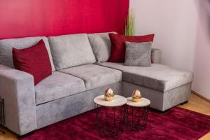 uma sala de estar com um sofá cinzento e duas mesas em Schönbrunn Serenity Luxurious Ruby Apartment with Palace Views em Viena