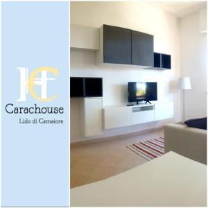 een woonkamer met een bank en een tv bij Carachouse-Lido di Camaiore, tra pini marini e mare in Lido di Camaiore
