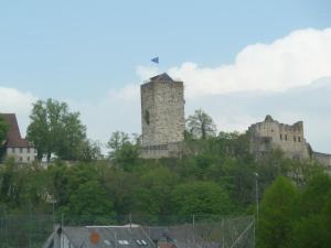 dos castillos en la cima de una colina con árboles en Ferienwohnung zur Altmühl, en Pappenheim