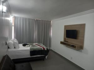 una camera da letto con un gatto steso sopra di Apartamento 1011 a Goiânia