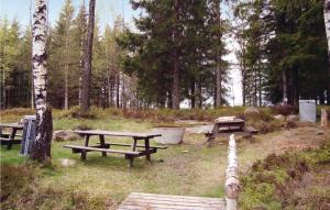 a picnic area with benches and a picnic table at 1 Bedroom Amazing Home In Överlida in Överlida