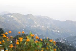 a view of a mountain with flowers in the foreground at Prince Hotel Mallroad in Mussoorie