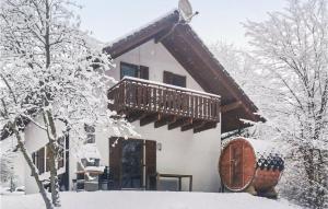 キルヒハイムにあるFerienhaus 2 In Kirchheimの雪に覆われた家(雪の中のバルコニー付)