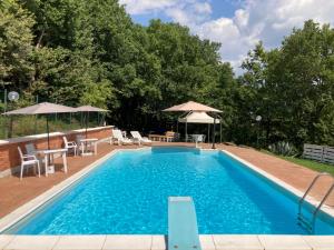 einen Pool mit Stühlen, Tischen und Sonnenschirmen in der Unterkunft Villa Gioia relax immersi nel verde in Aiello del Sabato