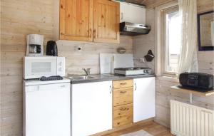 a kitchen with white appliances and wooden walls at Cozy Home In Kleppe With House Sea View in Orre