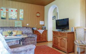 ein Wohnzimmer mit einem Sofa und einem Flachbild-TV in der Unterkunft Ferienhaus Sportplatzweg E in Trieb