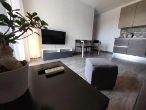 a living room with a couch and a table with a plant at Casa Laura in Ventimiglia