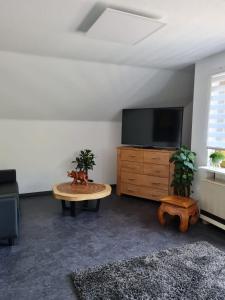 uma sala de estar com uma televisão e uma mesa de centro em Relax 2 em Bad Wildbad