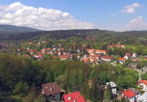 eine Luftansicht einer Stadt mit Bäumen und Häusern in der Unterkunft Pokoje Gościnne Mączyński in Polanica-Zdrój
