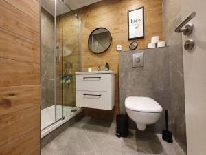 ハーネンクレー・ボックスヴィーゼにあるHarz Enjoy - Vier Jahreszeitenのバスルーム(トイレ、ガラス張りのシャワー付)