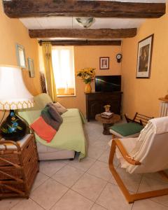 een woonkamer met een bed en een stoel bij Gite les Cerisiers dans les Gorges du Tarn in La Cresse