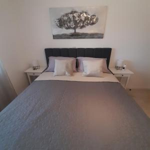 a large bed in a bedroom with a tree above it at Apartments Filipovic in Biograd na Moru