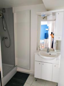 La salle de bains blanche est pourvue d'un lavabo et d'une douche. dans l'établissement Place d'Arradon, à Arradon