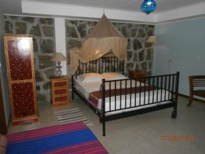 塔卡馬卡的住宿－德默爾第凱梅肯酒店，一间卧室配有一张带天蓬的床