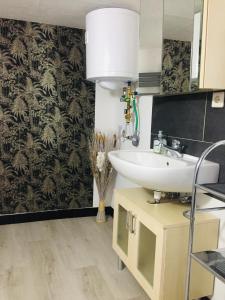 a bathroom with a sink and a mirror at Monteurwohnung, 2 Zimmer, Küche,Bad in Staufenberg