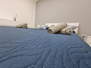 a bedroom with a blue bed with two pillows at Sweet Home Airport in Catania