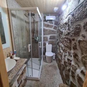 y baño con ducha de cristal y aseo. en Isatour - Casa do Miradouro, en Adsamo