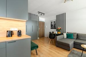 a kitchen and a living room with a couch at Apartament Jarzębinowy z ogródkiem in Łódź