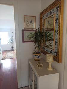 Habitación con mesa, planta y espejo. en Ático acogedor en casco antiguo, en Cangas de Morrazo