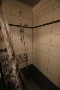 a bathroom with a shower with a shower curtain at Sääse Apartments in Pärnu +16 photos