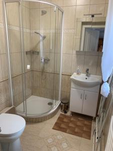 łazienka z prysznicem, toaletą i umywalką w obiekcie Dodi Apartman w Zalakaros +37 zdjęć