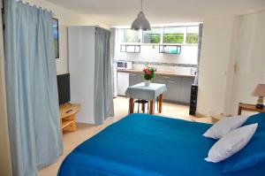 een slaapkamer met een blauw bed en een keuken bij Le Jardin Paris in Ivry-sur-Seine
