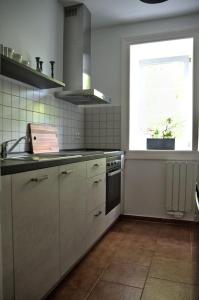 uma cozinha com um lavatório e uma janela em Apartment in ruhiger Wohnlage Sie sind in 3 Minuten am Trebbower See oder in 30 Minuten an der Ostsee em Klein Trebbow