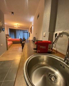 a kitchen with a sink and a living room at ZANI Hostel in Prizren